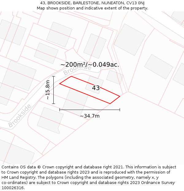 43, BROOKSIDE, BARLESTONE, NUNEATON, CV13 0NJ: Plot and title map