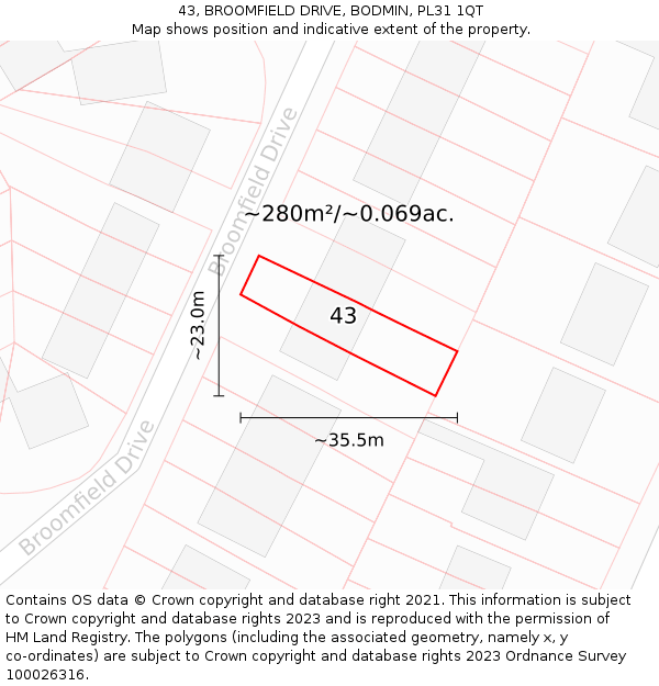 43, BROOMFIELD DRIVE, BODMIN, PL31 1QT: Plot and title map