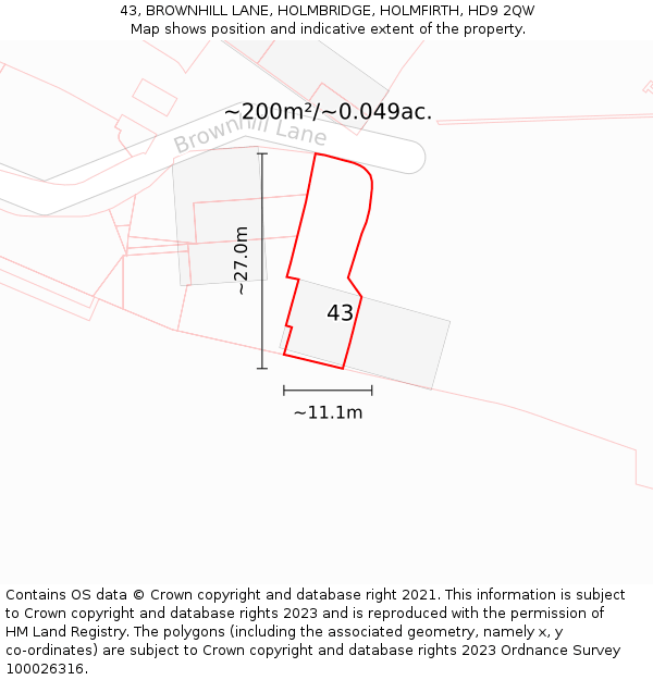 43, BROWNHILL LANE, HOLMBRIDGE, HOLMFIRTH, HD9 2QW: Plot and title map