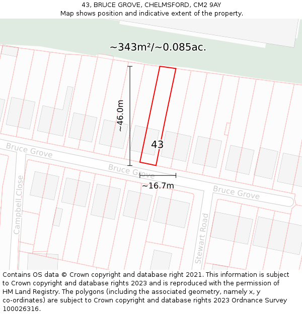 43, BRUCE GROVE, CHELMSFORD, CM2 9AY: Plot and title map