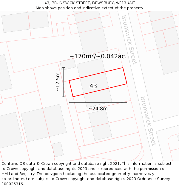 43, BRUNSWICK STREET, DEWSBURY, WF13 4NE: Plot and title map