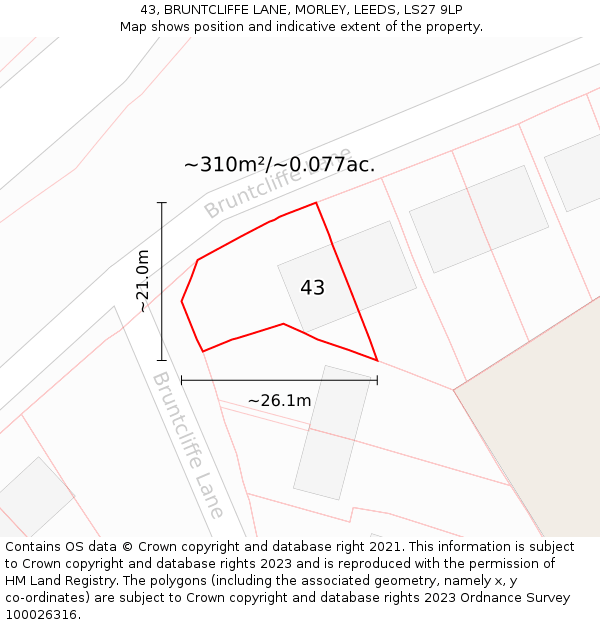 43, BRUNTCLIFFE LANE, MORLEY, LEEDS, LS27 9LP: Plot and title map