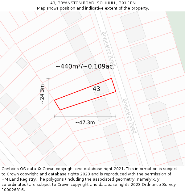 43, BRYANSTON ROAD, SOLIHULL, B91 1EN: Plot and title map