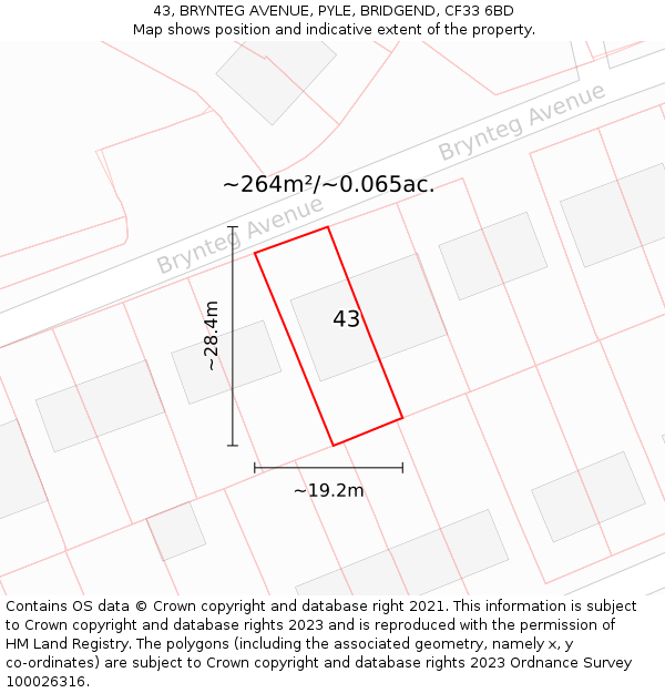 43, BRYNTEG AVENUE, PYLE, BRIDGEND, CF33 6BD: Plot and title map
