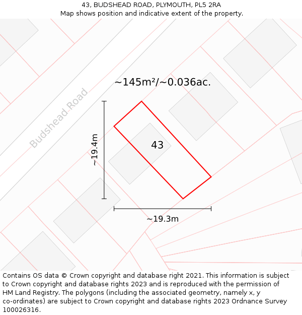 43, BUDSHEAD ROAD, PLYMOUTH, PL5 2RA: Plot and title map