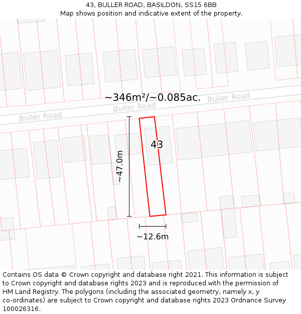 43, BULLER ROAD, BASILDON, SS15 6BB: Plot and title map