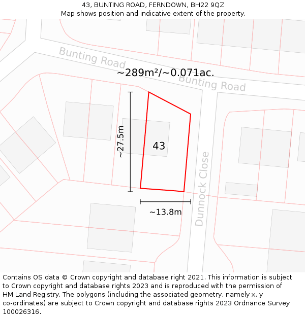43, BUNTING ROAD, FERNDOWN, BH22 9QZ: Plot and title map