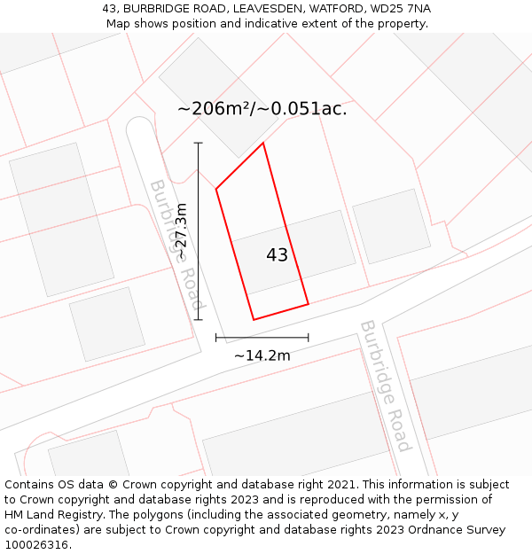 43, BURBRIDGE ROAD, LEAVESDEN, WATFORD, WD25 7NA: Plot and title map