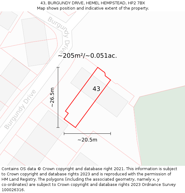 43, BURGUNDY DRIVE, HEMEL HEMPSTEAD, HP2 7BX: Plot and title map