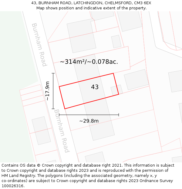 43, BURNHAM ROAD, LATCHINGDON, CHELMSFORD, CM3 6EX: Plot and title map