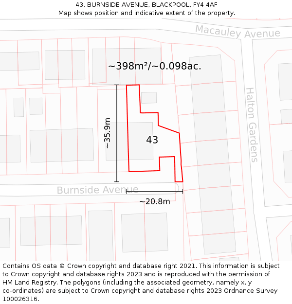 43, BURNSIDE AVENUE, BLACKPOOL, FY4 4AF: Plot and title map