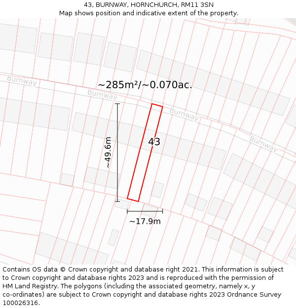 43, BURNWAY, HORNCHURCH, RM11 3SN: Plot and title map