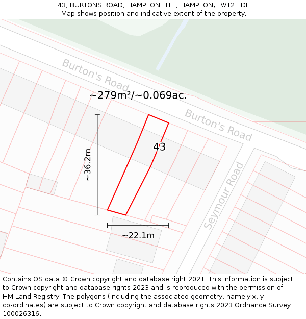 43, BURTONS ROAD, HAMPTON HILL, HAMPTON, TW12 1DE: Plot and title map