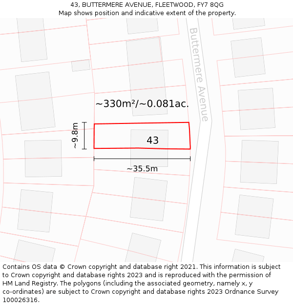 43, BUTTERMERE AVENUE, FLEETWOOD, FY7 8QG: Plot and title map