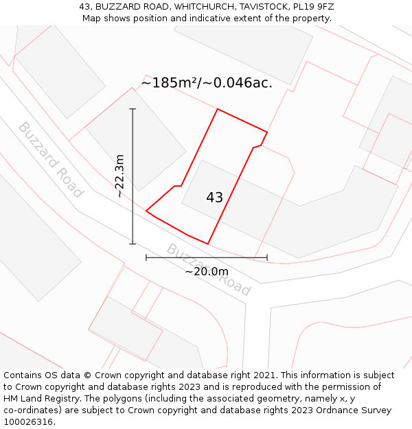 43, BUZZARD ROAD, WHITCHURCH, TAVISTOCK, PL19 9FZ: Plot and title map