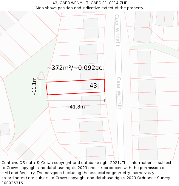 43, CAER WENALLT, CARDIFF, CF14 7HP: Plot and title map