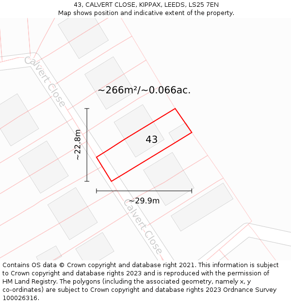 43, CALVERT CLOSE, KIPPAX, LEEDS, LS25 7EN: Plot and title map