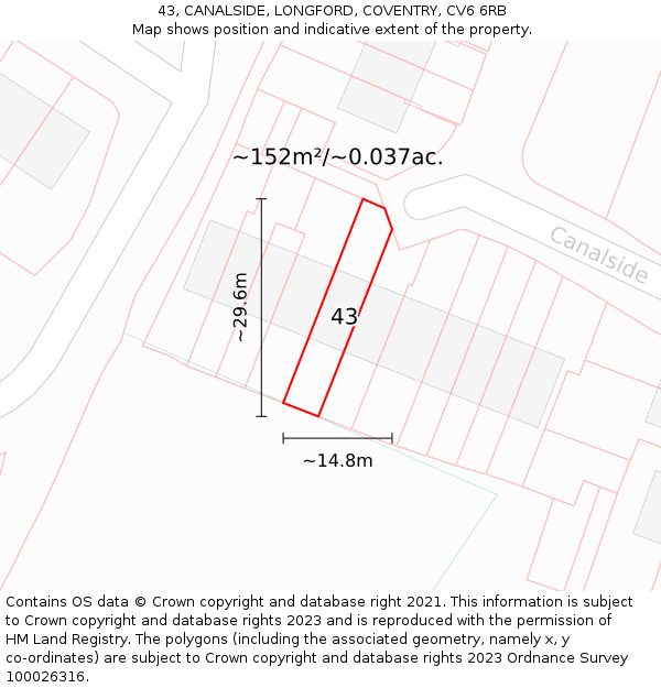 43, CANALSIDE, LONGFORD, COVENTRY, CV6 6RB: Plot and title map