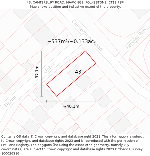 43, CANTERBURY ROAD, HAWKINGE, FOLKESTONE, CT18 7BP: Plot and title map