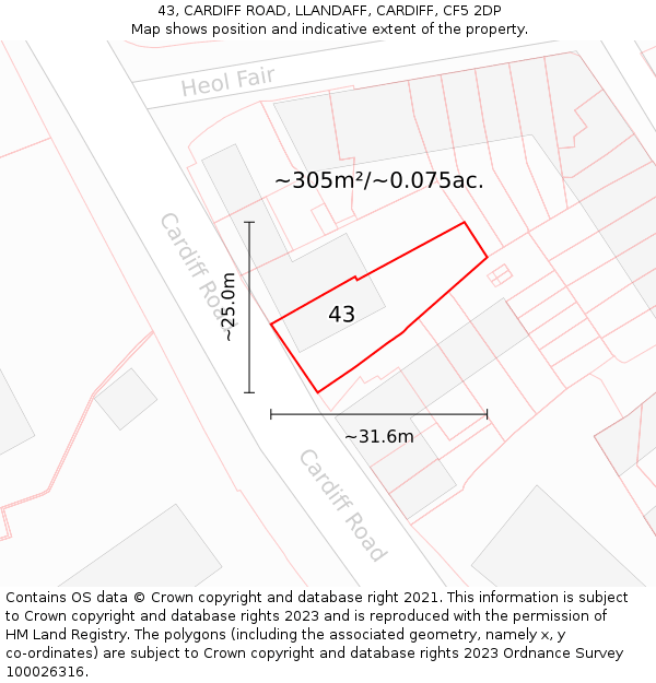 43, CARDIFF ROAD, LLANDAFF, CARDIFF, CF5 2DP: Plot and title map