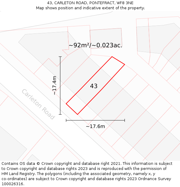 43, CARLETON ROAD, PONTEFRACT, WF8 3NE: Plot and title map