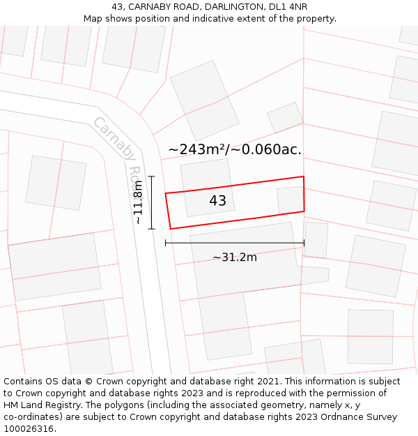 43, CARNABY ROAD, DARLINGTON, DL1 4NR: Plot and title map