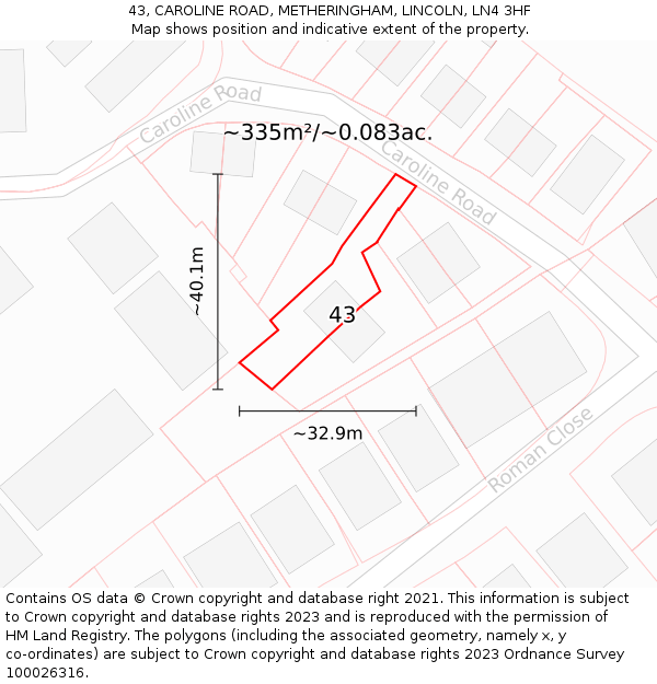 43, CAROLINE ROAD, METHERINGHAM, LINCOLN, LN4 3HF: Plot and title map