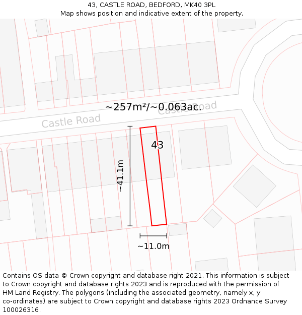 43, CASTLE ROAD, BEDFORD, MK40 3PL: Plot and title map