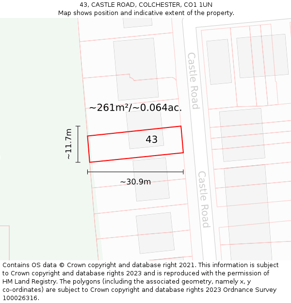 43, CASTLE ROAD, COLCHESTER, CO1 1UN: Plot and title map