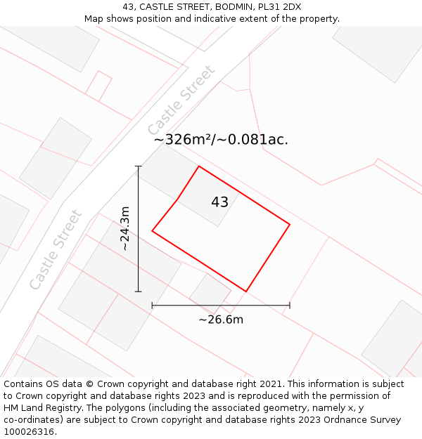 43, CASTLE STREET, BODMIN, PL31 2DX: Plot and title map