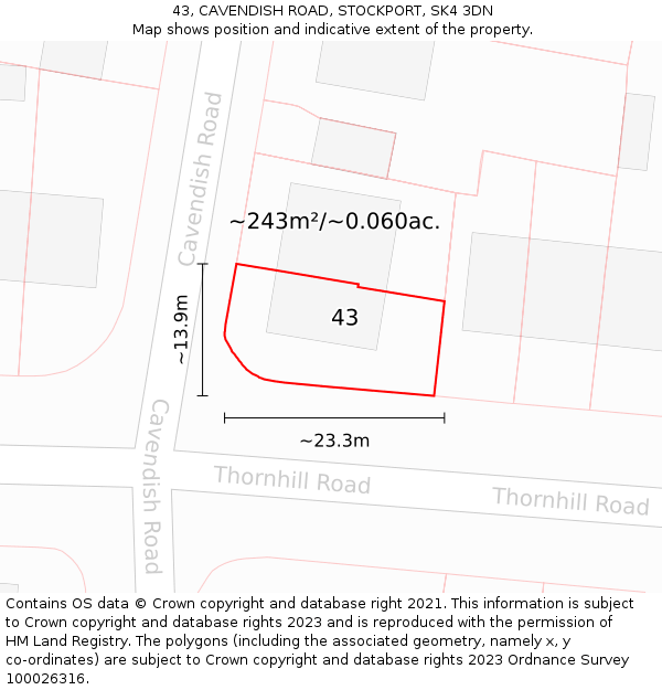 43, CAVENDISH ROAD, STOCKPORT, SK4 3DN: Plot and title map