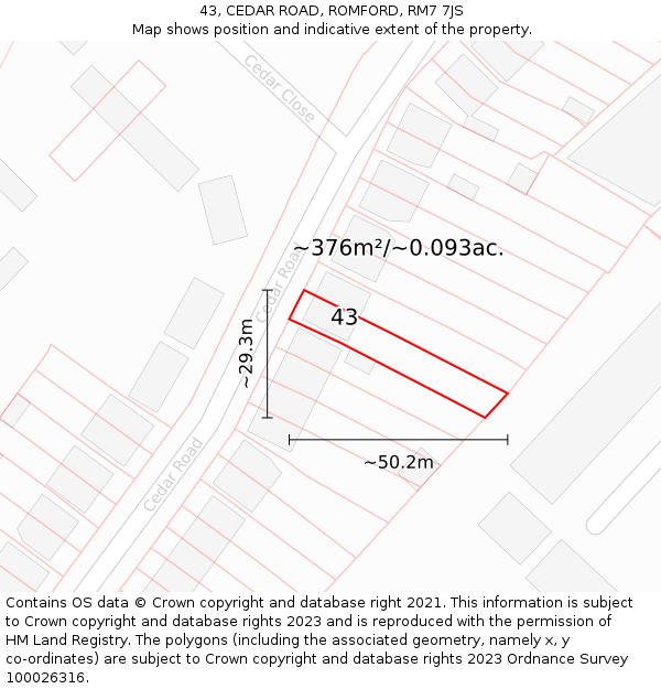 43, CEDAR ROAD, ROMFORD, RM7 7JS: Plot and title map