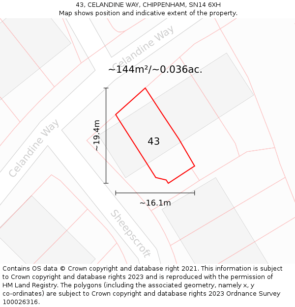 43, CELANDINE WAY, CHIPPENHAM, SN14 6XH: Plot and title map