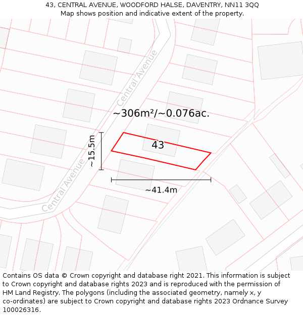 43, CENTRAL AVENUE, WOODFORD HALSE, DAVENTRY, NN11 3QQ: Plot and title map