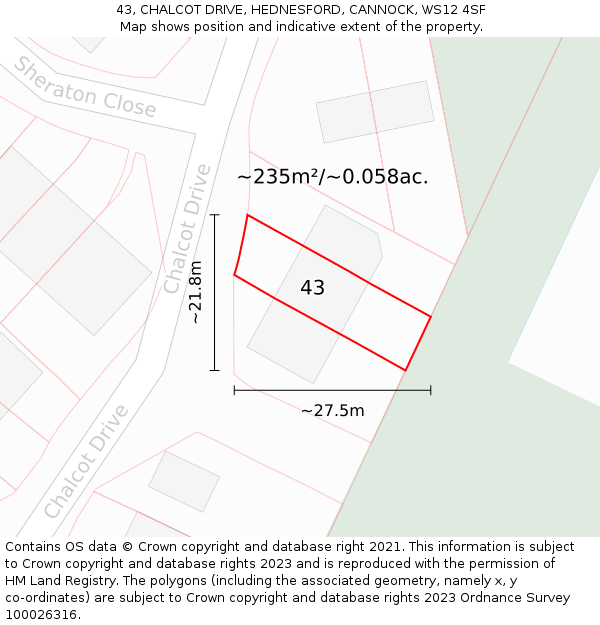 43, CHALCOT DRIVE, HEDNESFORD, CANNOCK, WS12 4SF: Plot and title map