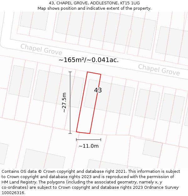43, CHAPEL GROVE, ADDLESTONE, KT15 1UG: Plot and title map
