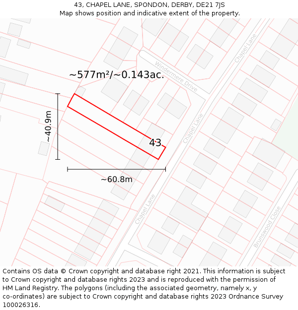 43, CHAPEL LANE, SPONDON, DERBY, DE21 7JS: Plot and title map