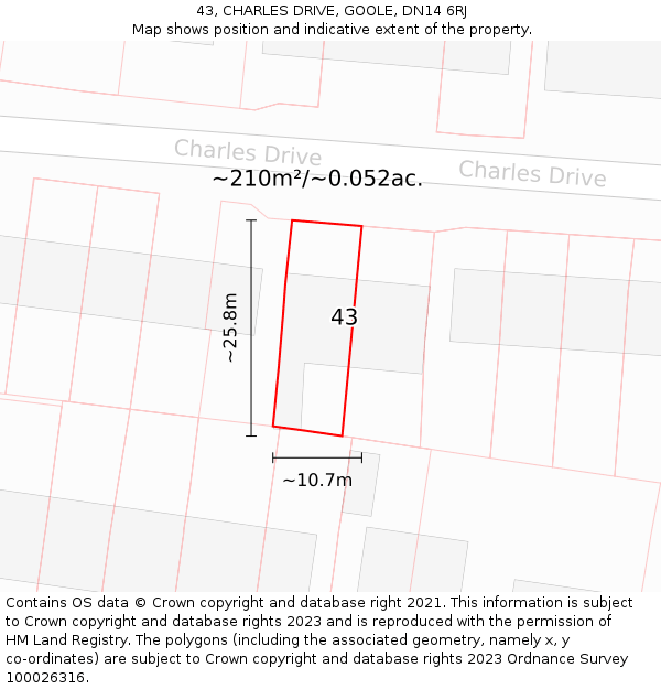 43, CHARLES DRIVE, GOOLE, DN14 6RJ: Plot and title map