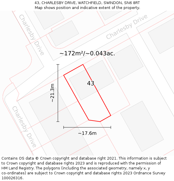 43, CHARLESBY DRIVE, WATCHFIELD, SWINDON, SN6 8RT: Plot and title map