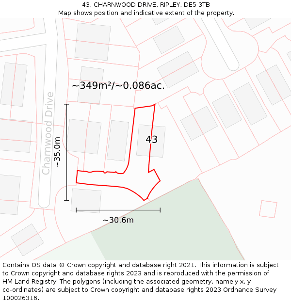 43, CHARNWOOD DRIVE, RIPLEY, DE5 3TB: Plot and title map