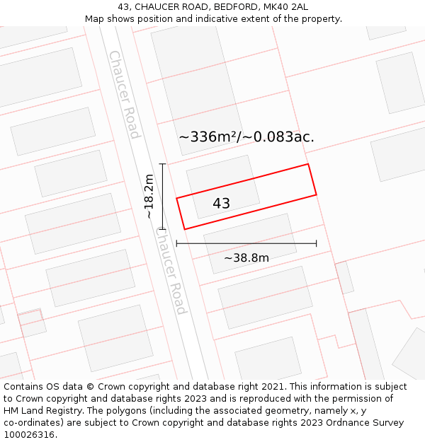 43, CHAUCER ROAD, BEDFORD, MK40 2AL: Plot and title map