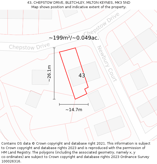 43, CHEPSTOW DRIVE, BLETCHLEY, MILTON KEYNES, MK3 5ND: Plot and title map