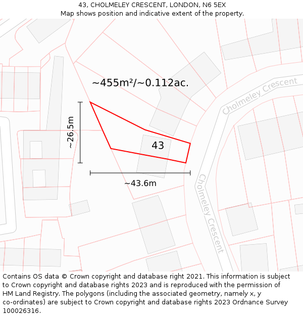 43, CHOLMELEY CRESCENT, LONDON, N6 5EX: Plot and title map