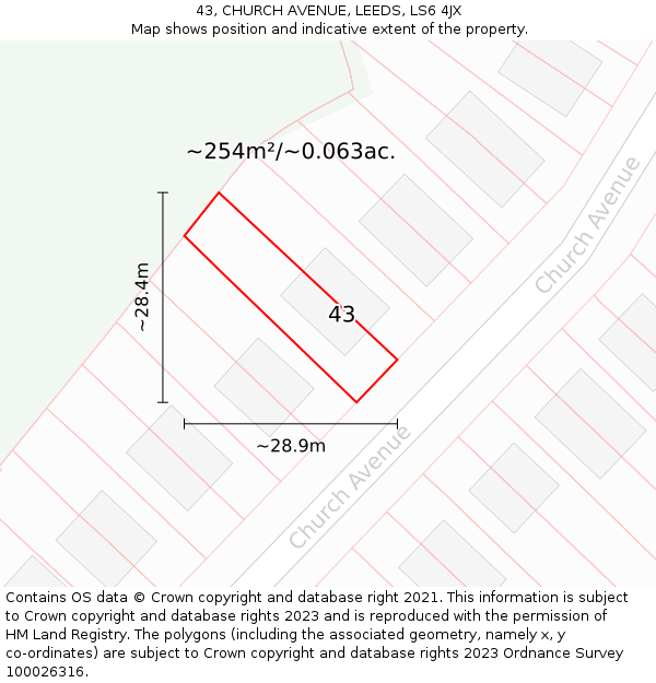 43, CHURCH AVENUE, LEEDS, LS6 4JX: Plot and title map