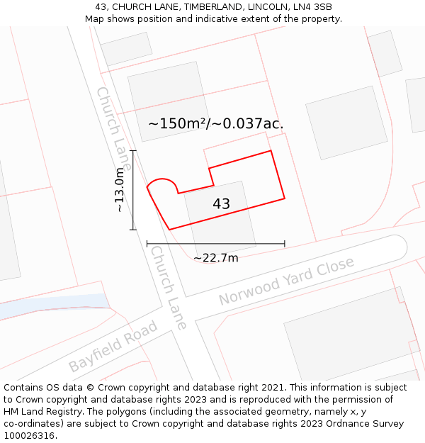 43, CHURCH LANE, TIMBERLAND, LINCOLN, LN4 3SB: Plot and title map