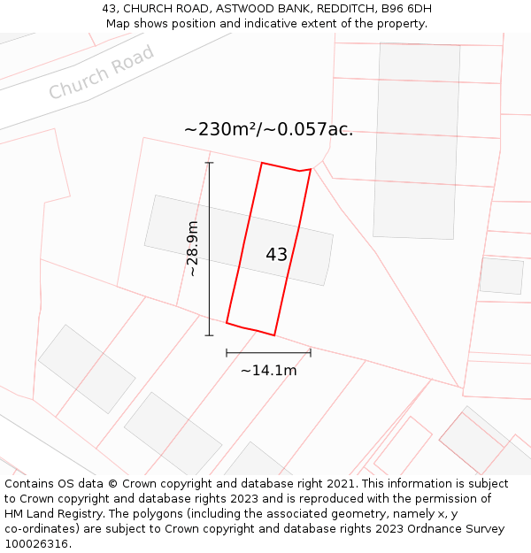 43, CHURCH ROAD, ASTWOOD BANK, REDDITCH, B96 6DH: Plot and title map