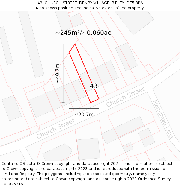 43, CHURCH STREET, DENBY VILLAGE, RIPLEY, DE5 8PA: Plot and title map