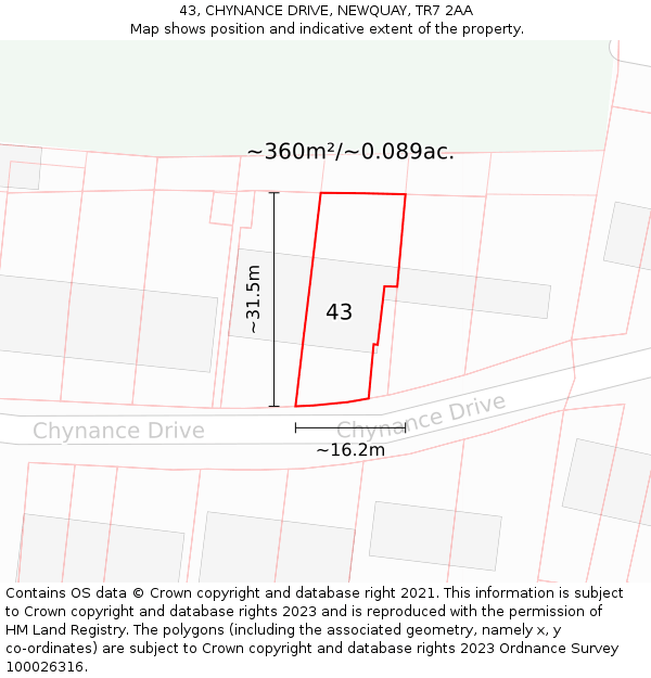 43, CHYNANCE DRIVE, NEWQUAY, TR7 2AA: Plot and title map
