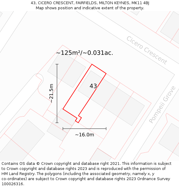 43, CICERO CRESCENT, FAIRFIELDS, MILTON KEYNES, MK11 4BJ: Plot and title map