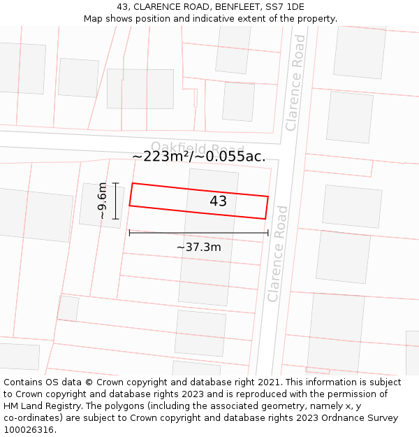 43, CLARENCE ROAD, BENFLEET, SS7 1DE: Plot and title map